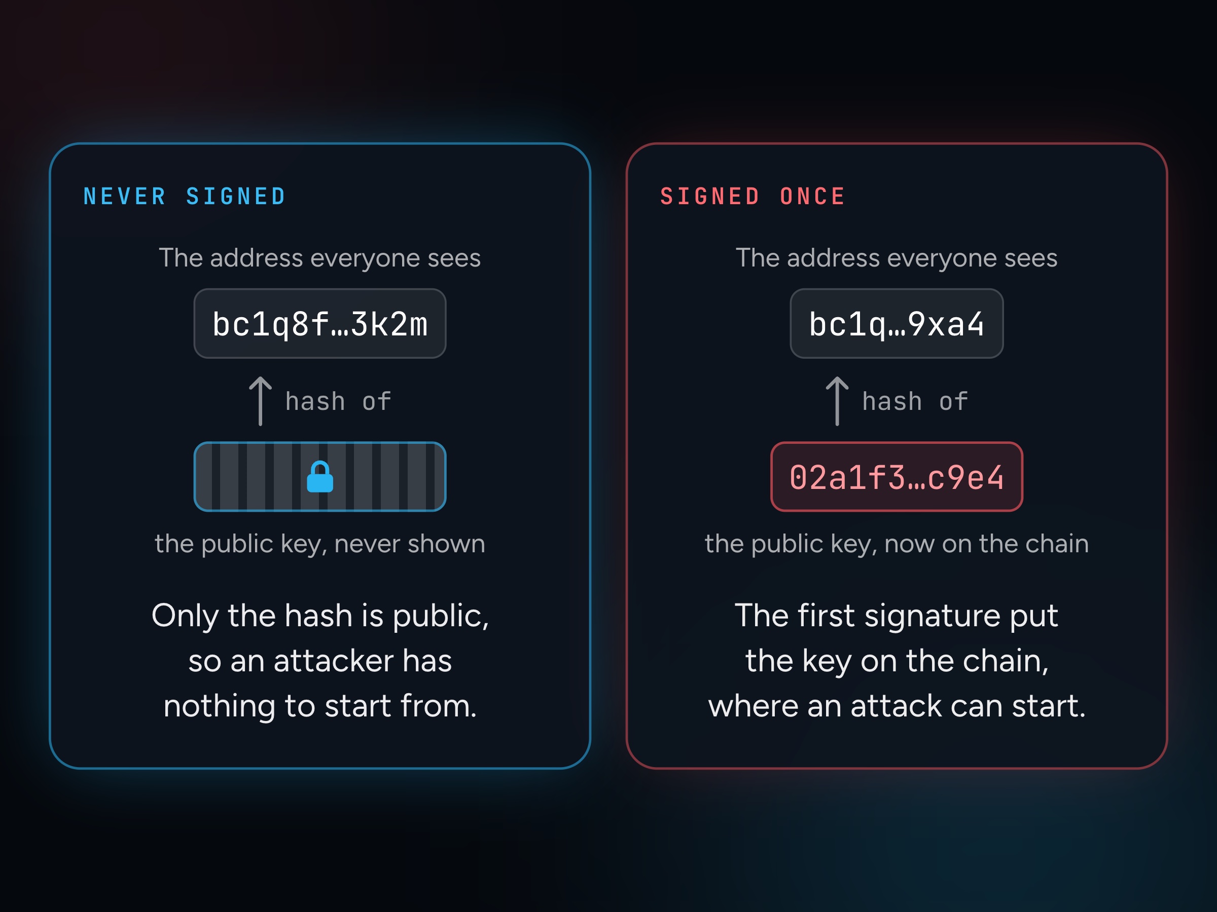 An address is a hash of its public key. Never signed, the key is never shown and an attacker has nothing to start from. Signed once, the key is on the chain for good, where an attack can start.